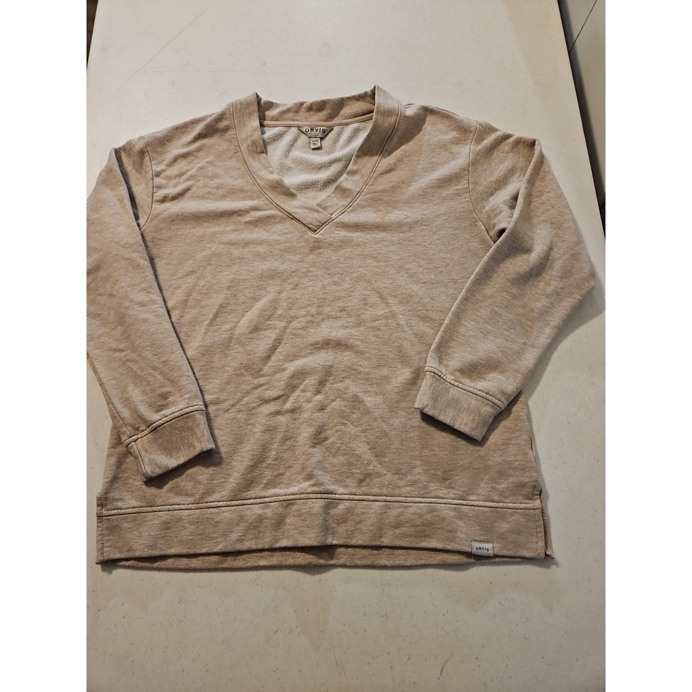 Orvis Sweatshirt Women's Small Beige V-Neck Long Sleeve Super Soft Comfort (1234